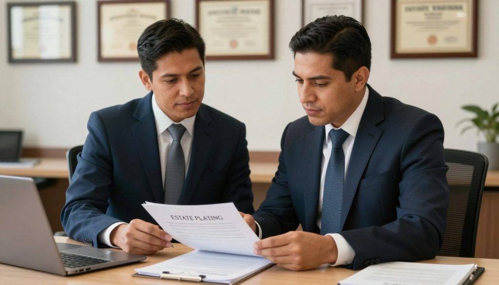 Abogado de testamentos trabajando con cliente hispano en redacción de documento legal