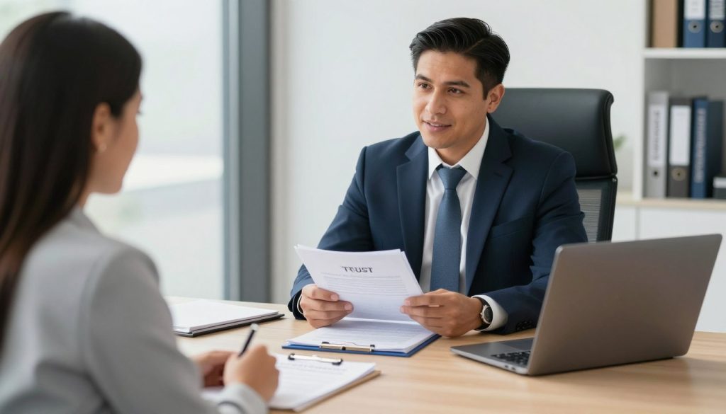 Abogado especializado en fideicomisos asesorando a cliente hispano