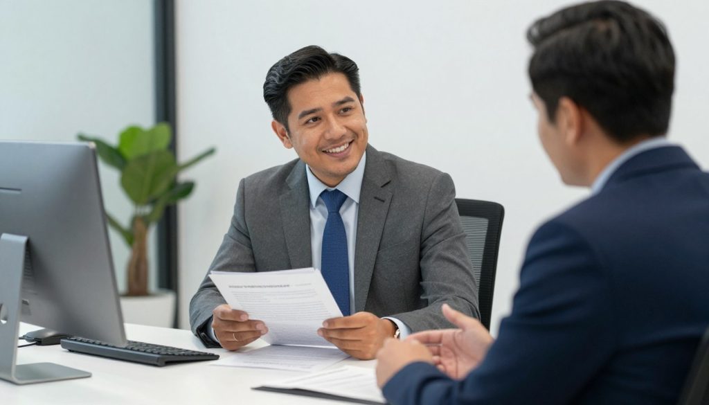 Abogado especializado en herencias asesorando a cliente hispano