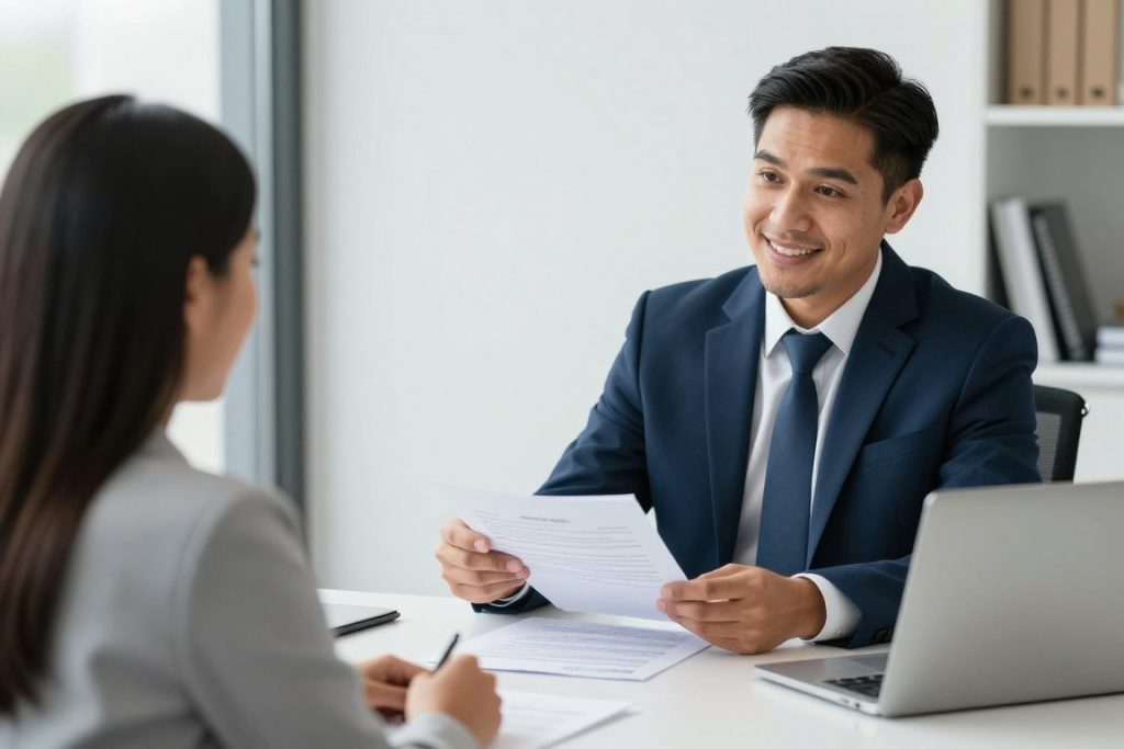 Abogado explicando documentos de testamento a cliente hispano en oficina