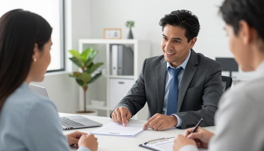 Abogado explicando opciones de estate planning a familia hispana