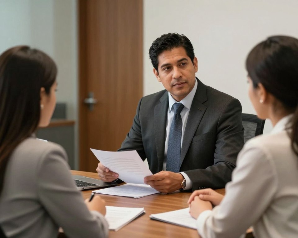 Abogado explicando proceso de planificación patrimonial a familia hispana