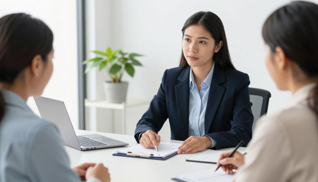 Abogado hispano explicando opciones de sucesión a familia en oficina moderna