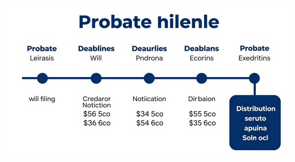 Calendario legal mostrando cronología del proceso de probate con fechas importantes
