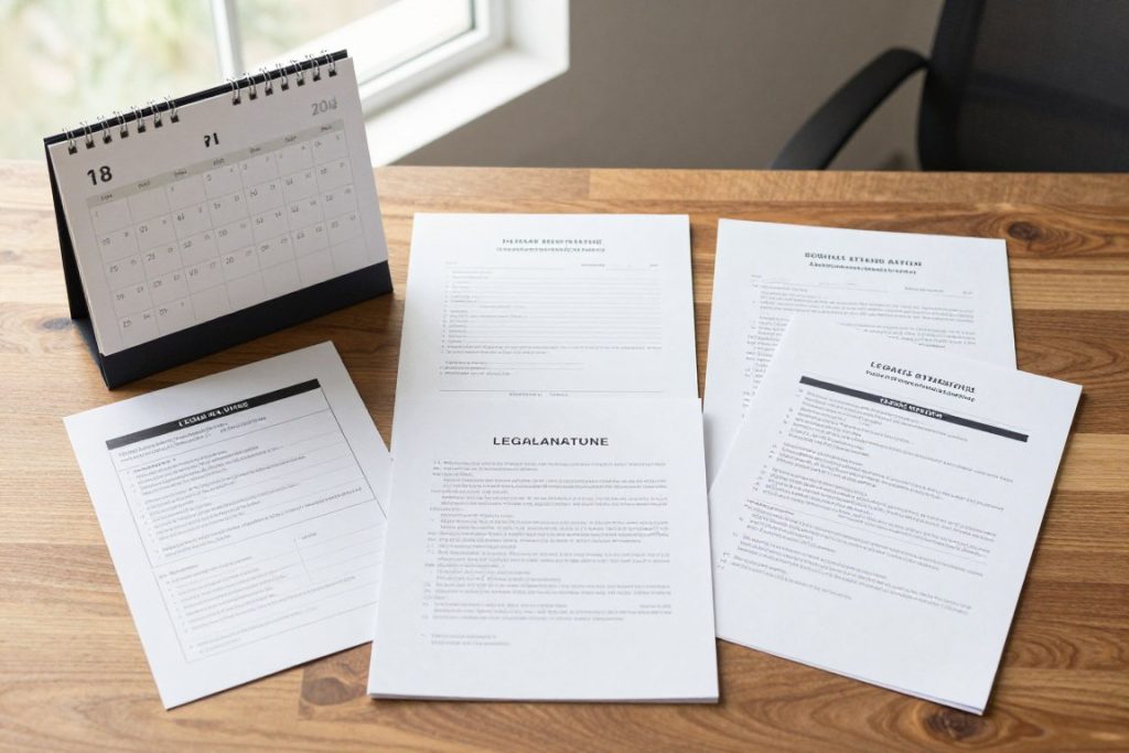 Calendario y documentos legales mostrando planificación de poder notarial