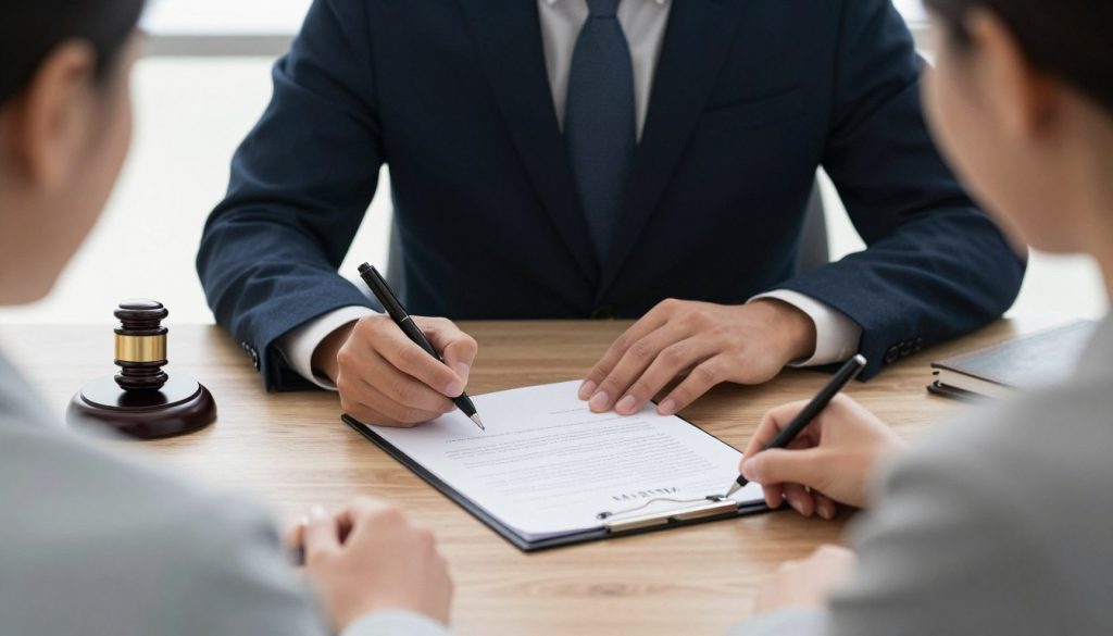 Cliente firmando documentos de fideicomiso con abogado presente