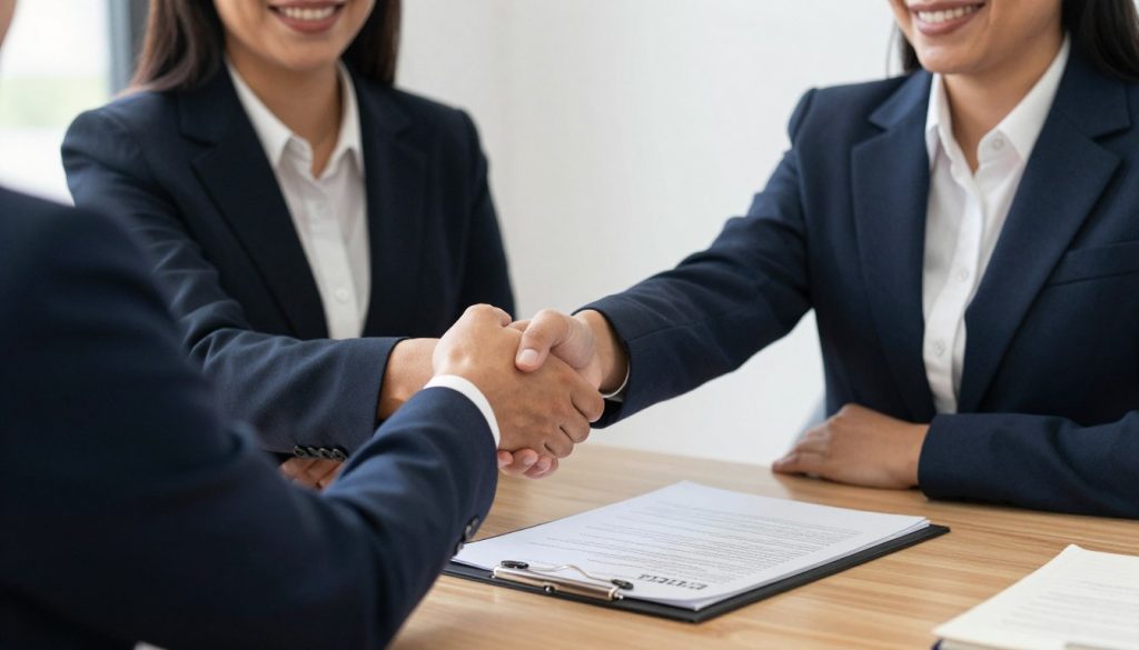 Cliente satisfecho estrechando mano con abogado después de completar plan patrimonial