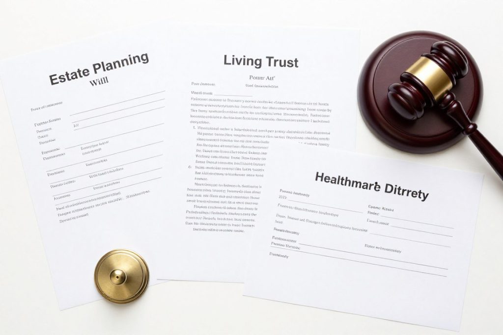 Componentes visuales de planificación patrimonial incluyendo testamento y fideicomiso