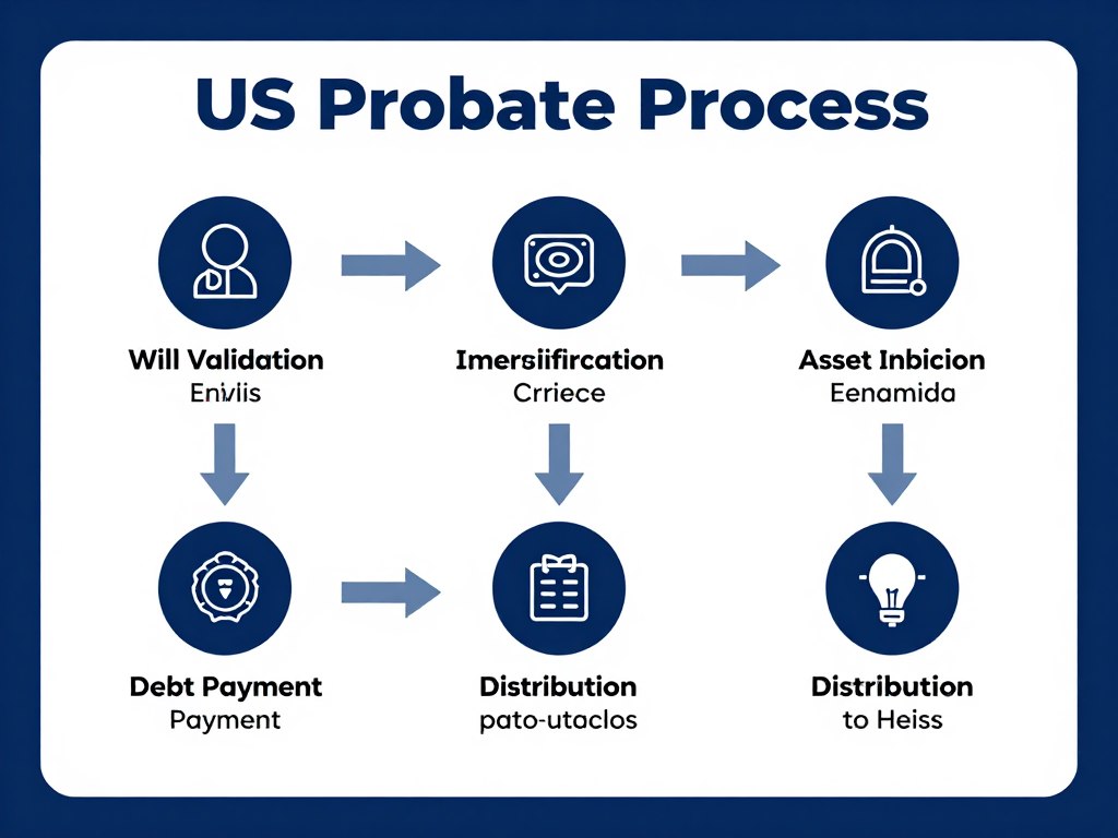 Diagrama del proceso de sucesión en Estados Unidos mostrando pasos del probate