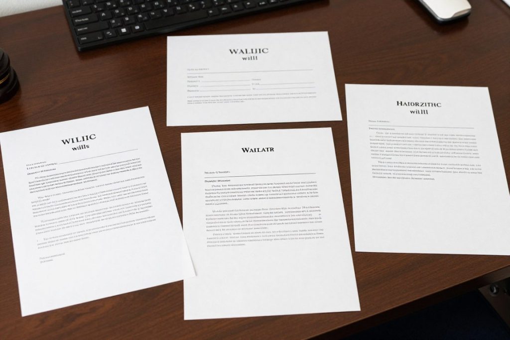 Diferentes tipos de documentos testamentarios sobre mesa de abogado