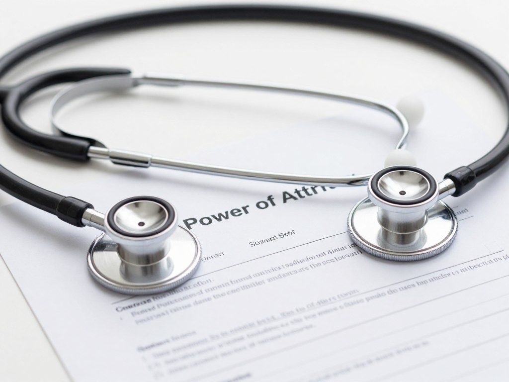 Documento de poder médico y estetoscopio representando decisiones de salud