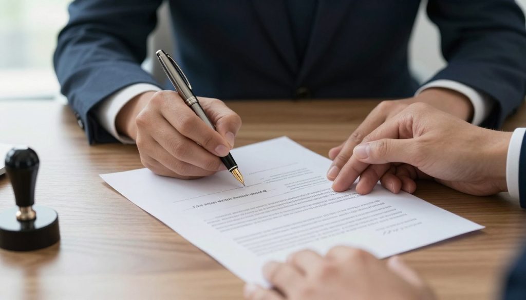 Documento legal de testamento siendo firmado con pluma sobre escritorio de abogado