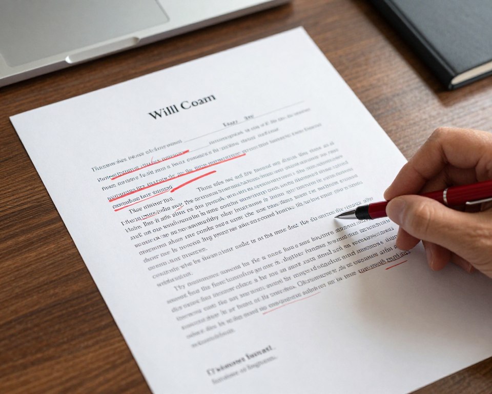 Documento testamentario con errores marcados en rojo por abogado