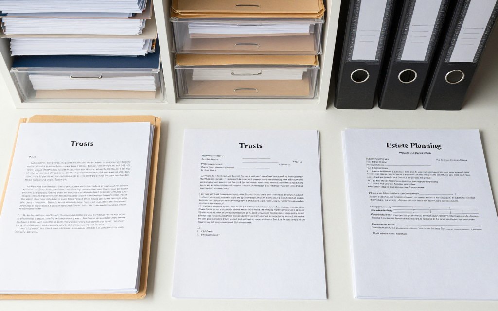 Documentos de planificación patrimonial organizados en carpetas profesionales