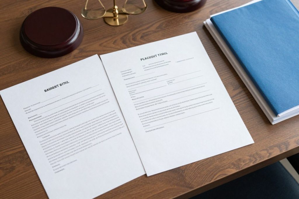 Documentos de testamento y títulos de propiedad en escritorio legal