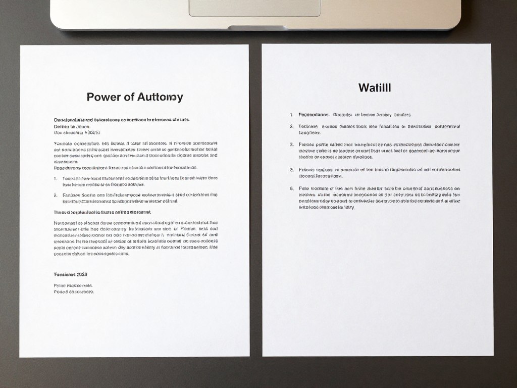Documentos legales mostrando poder notarial y testamento lado a lado