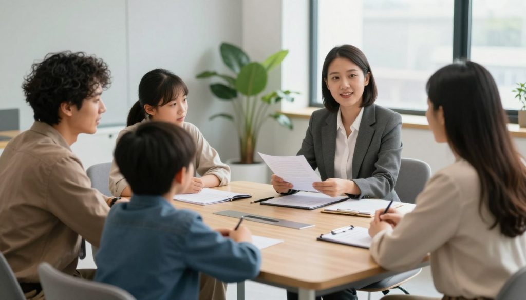 Familia discutiendo poder legal en Estados Unidos con asesor