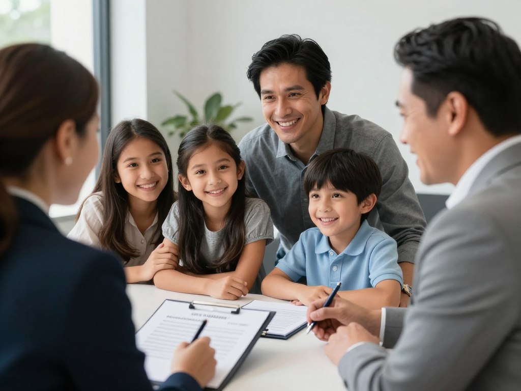 Familia feliz firmando documentos de planificación patrimonial con abogado