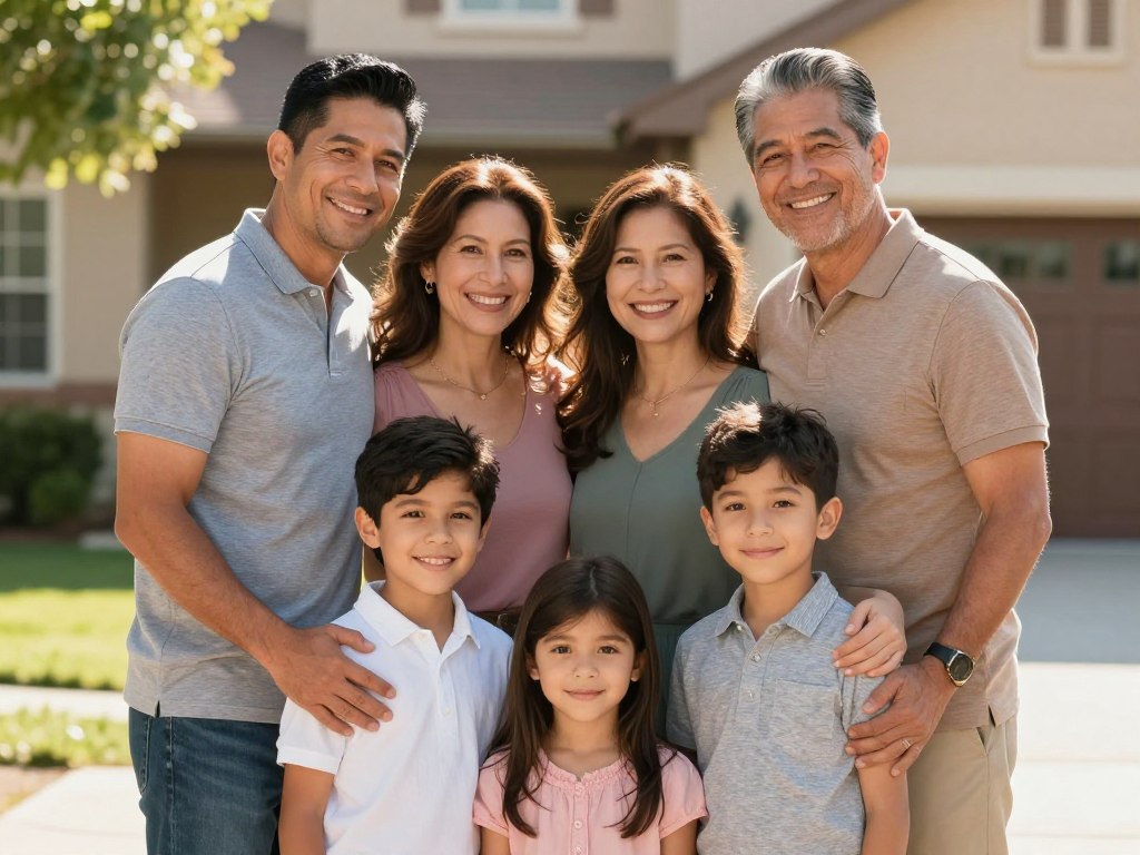 Familia hispana feliz y protegida gracias a planificación patrimonial adecuada