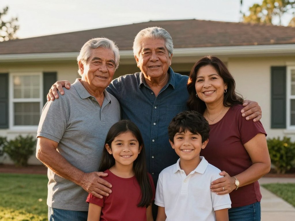 Familia hispana multigeneracional unida representando protección patrimonial