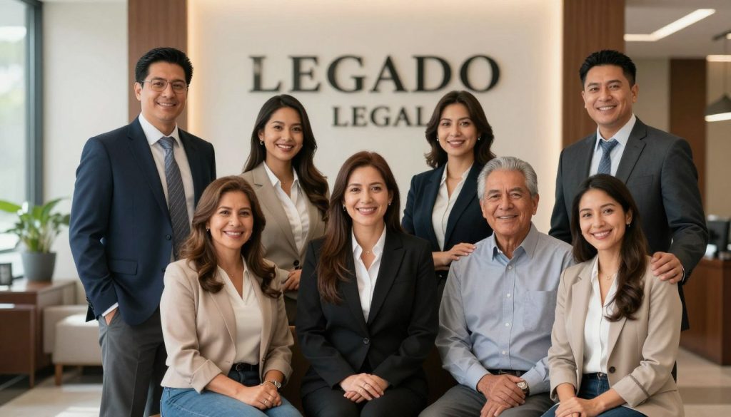 Familia hispana reunida con abogado de Legado.Legal en oficina profesional
