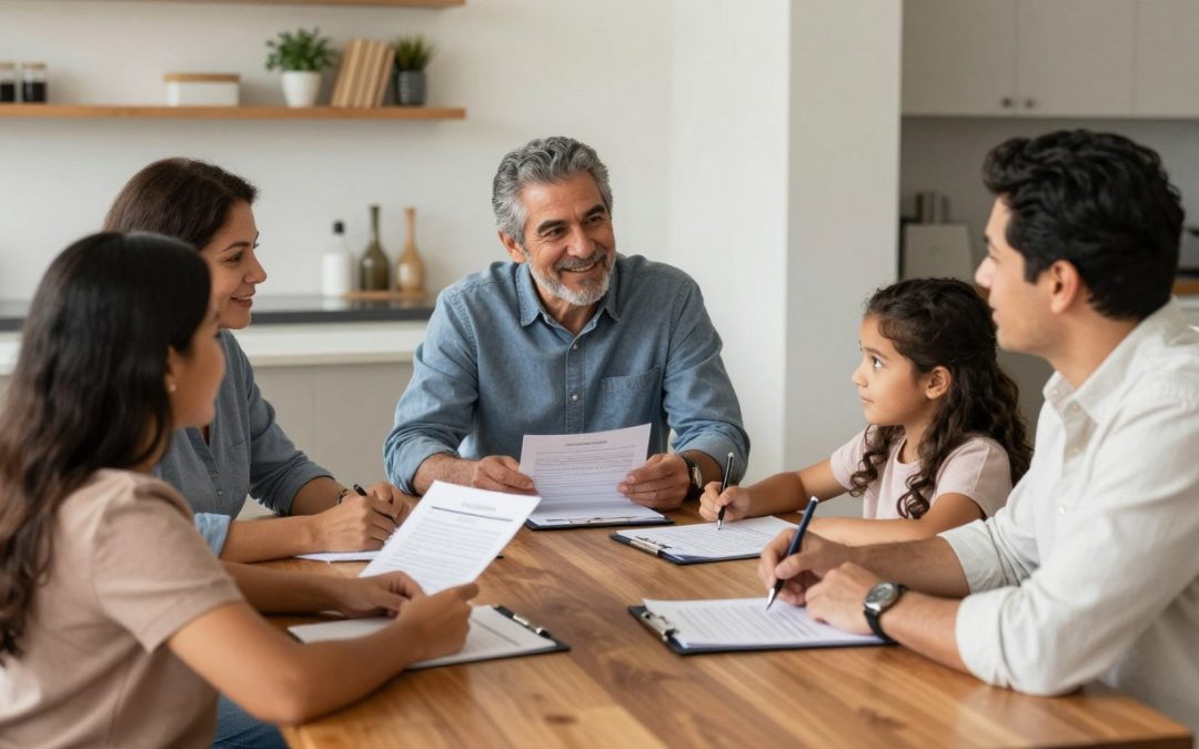 Familia hispana reunida planeando su futuro patrimonial en Estados Unidos
