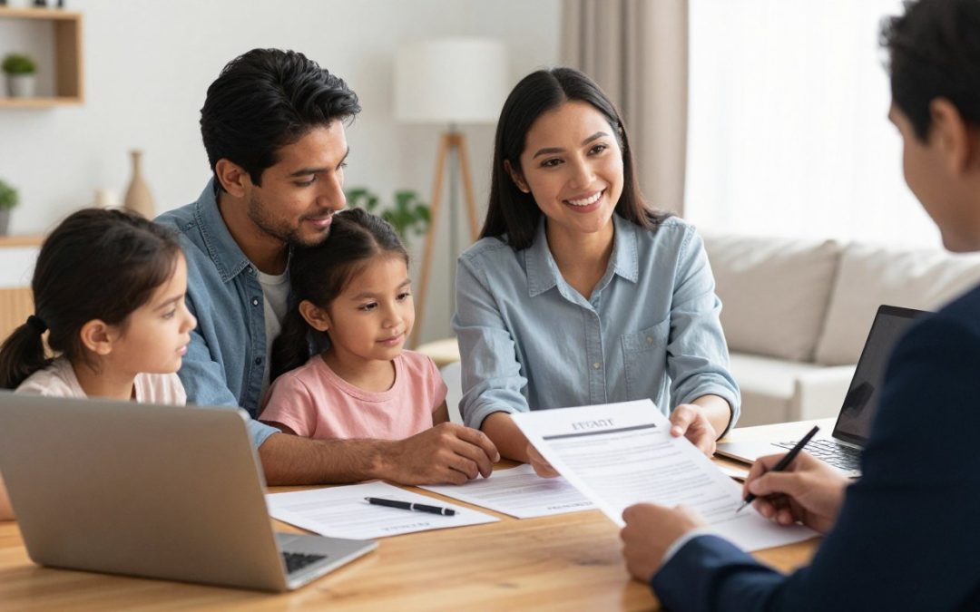 Familia hispana revisando documentos legales para evitar probate en Estados Unidos