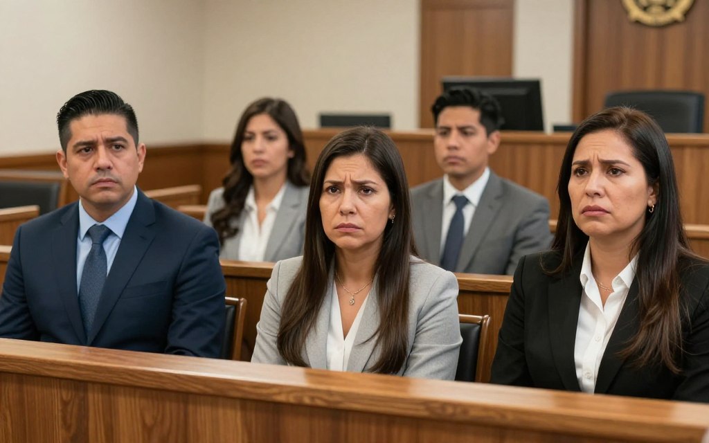 Familia preocupada en tribunal durante proceso de sucesión intestada