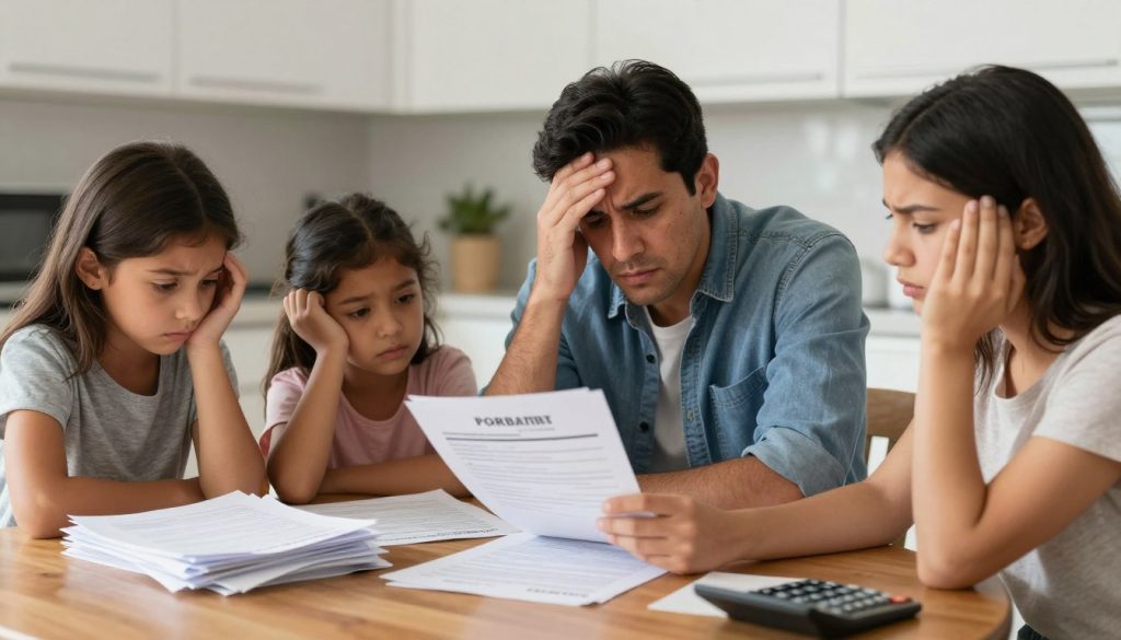 Familia preocupada revisando facturas y documentos legales del probate process