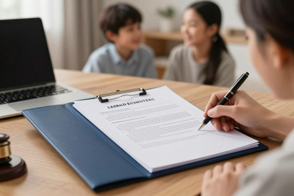 Familia tranquila con documentos legales completos y organizados