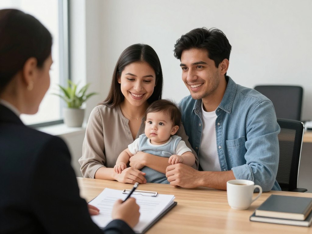 Joven pareja hispana con bebé consultando sobre planificación patrimonial