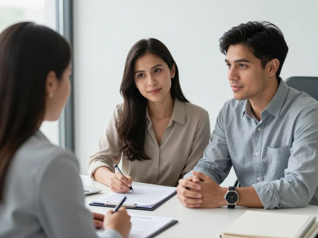 Joven pareja hispana consultando sobre planificación patrimonial temprana