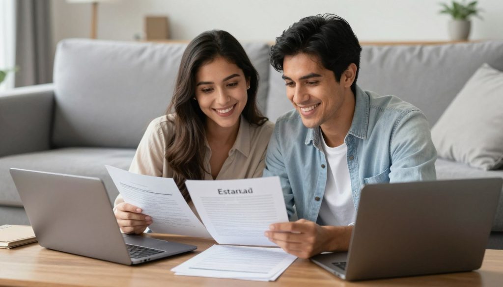 Joven pareja hispana planificando su futuro financiero y estate planning