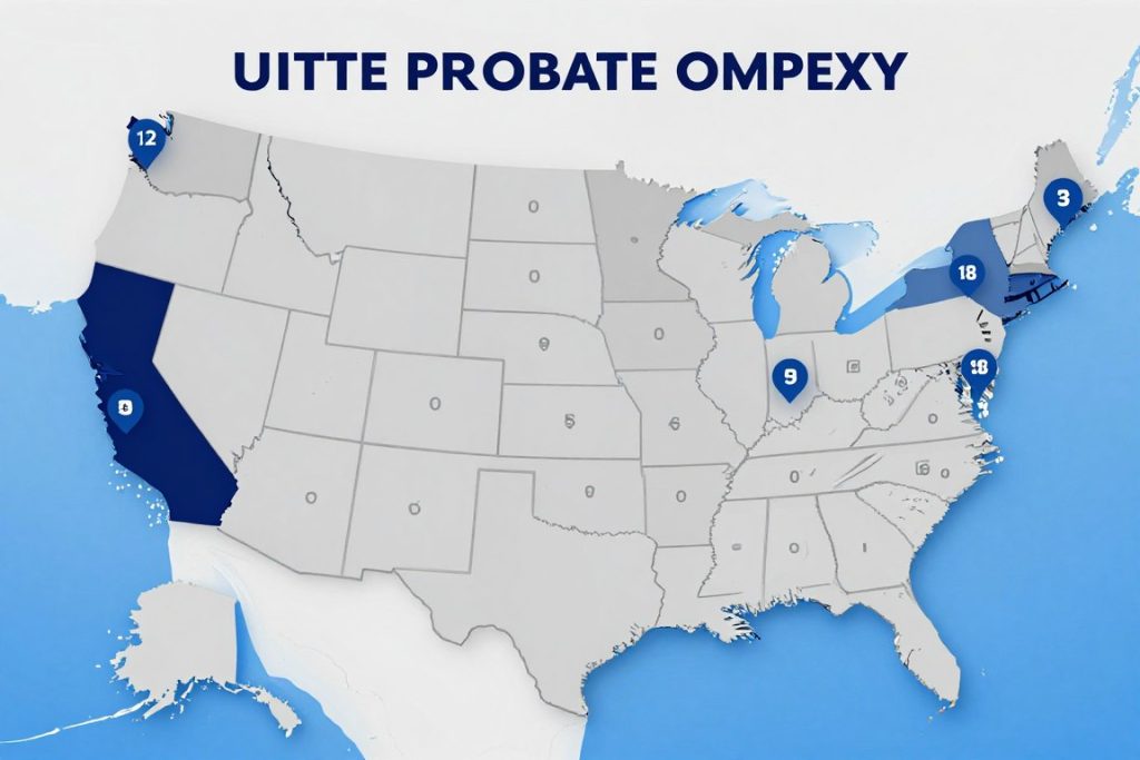 Mapa de Estados Unidos mostrando propiedades en múltiples estados para probate