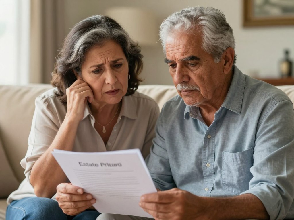 Pareja mayor revisando documentos de planificación patrimonial juntos