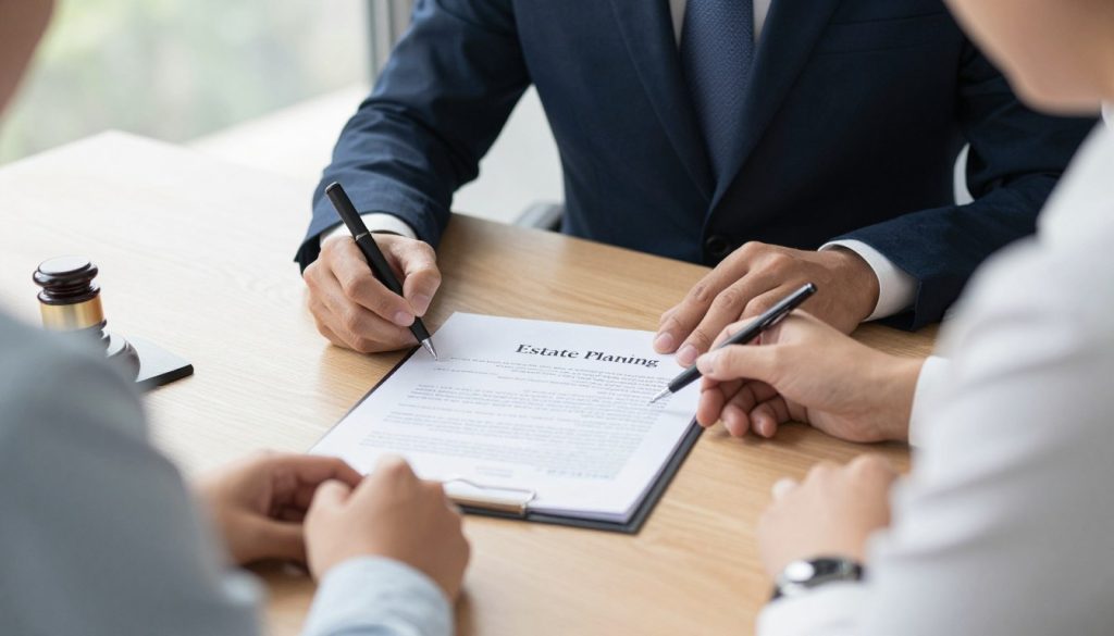 Persona firmando testamento con abogado