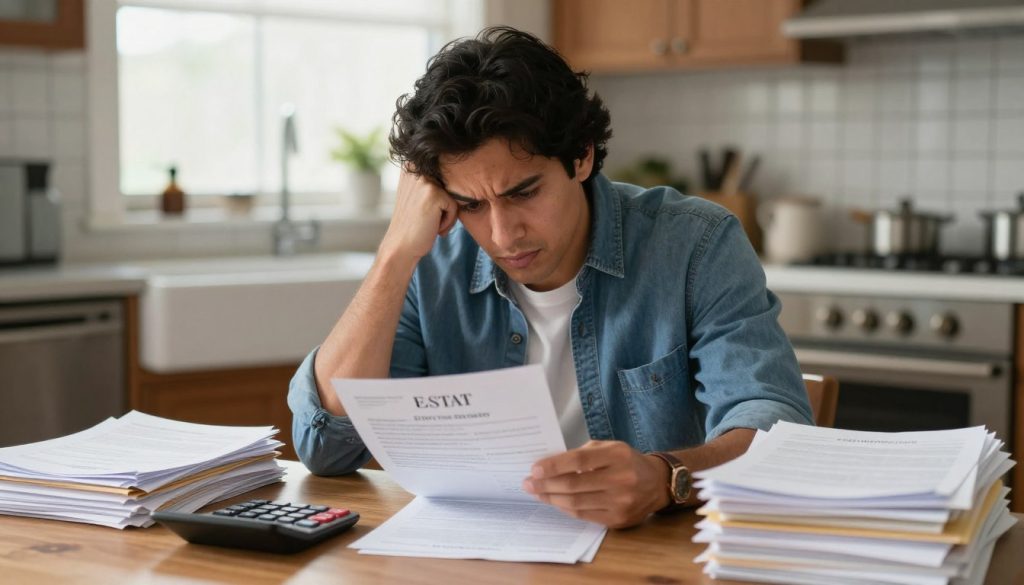 Persona preocupada revisando documentos financieros de herencia complicada