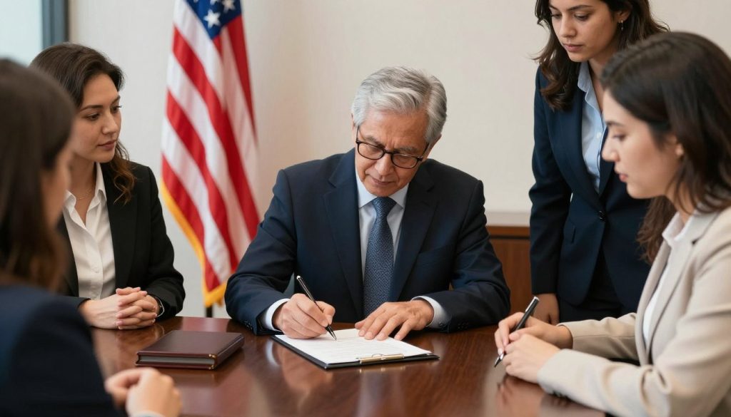 Testamento siendo firmado ante testigos en oficina legal estadounidense