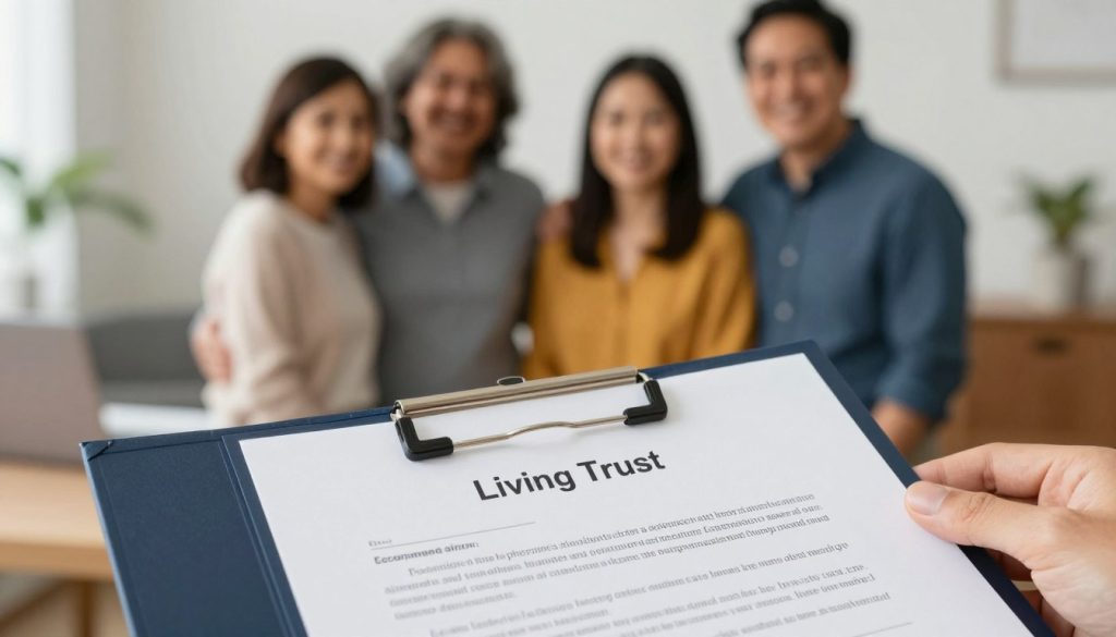 documentos de living trust firmados con familia feliz en Estados Unidos